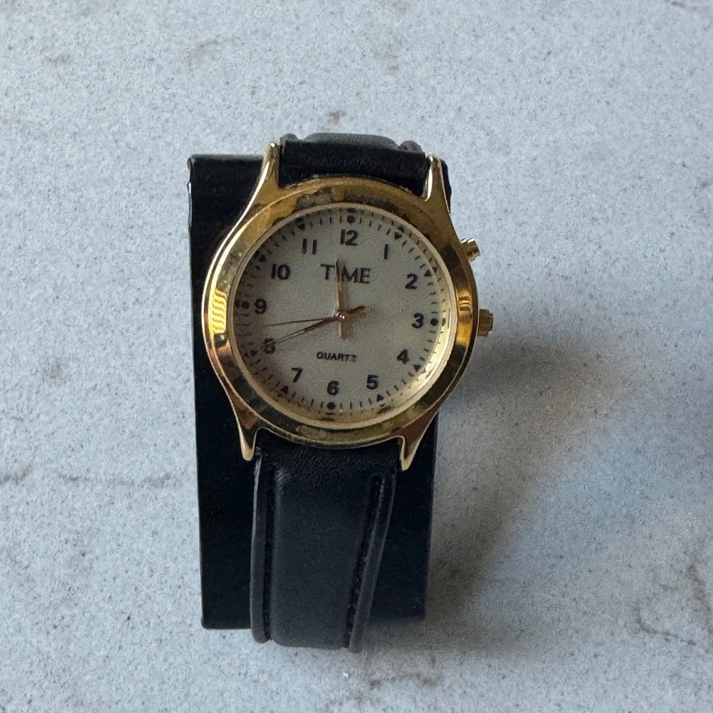 TIME Quartz‎ Watch Gold Tone Case Black Faux Leather Band Japan Movement Womens